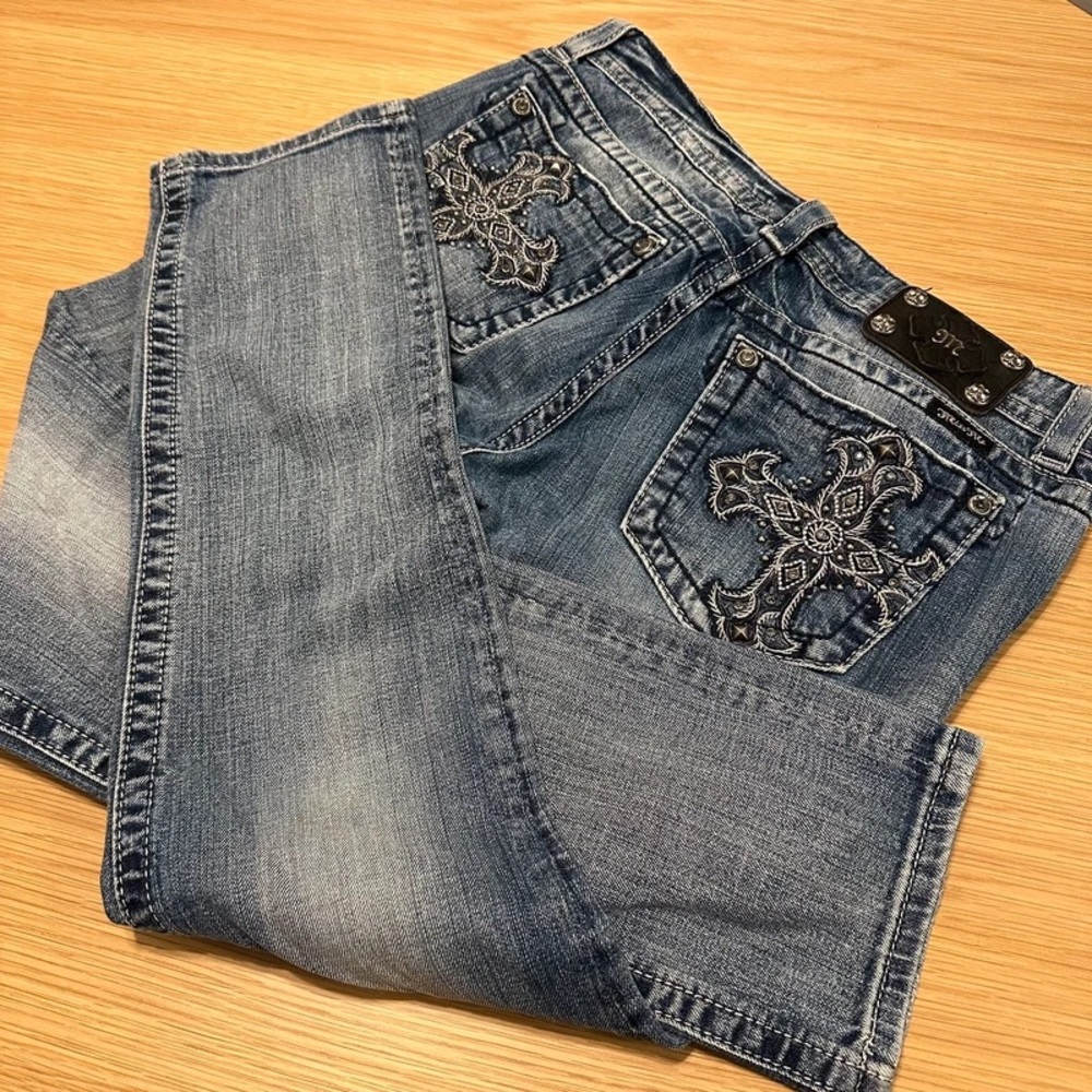 Miss Me Denim Straight Leg Jeans with Detailed Embroidery